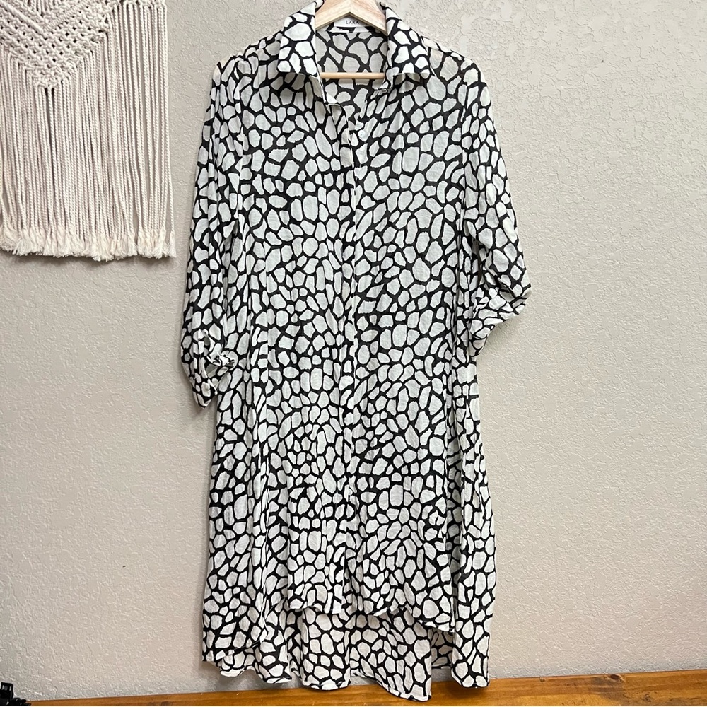 Lara womens rayon button down sheer Giraffe Trapeze Dress 3/4 sleeves sz L